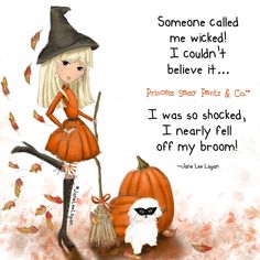 a drawing of a girl in a witch costume holding a broom next to two pumpkins