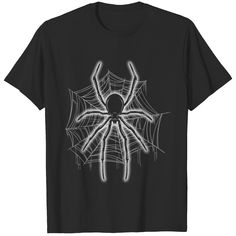 a black t - shirt with a spider on it's back and white web