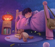 a little boy laying in bed with his teddy bear next to him and halloween decorations around him