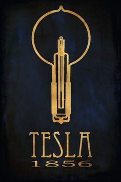 a blue and yellow poster with the words tesla in gold on it's side