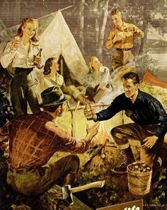 an old poster shows men and women camping in the woods, one holding a beer