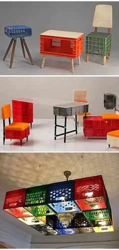 four different types of chairs and tables in various colors