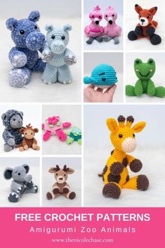 crochet patterns for stuffed animals and giraffes with text overlay that says, free crochet patterns amigurum zoo animals