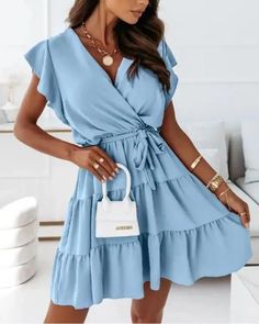 Lasaky - Frill Hem Belted Wrap Dress Belted Wrap Dress, Belted Shorts, Dress With Tie, Short Sleeved Sweaters, Outfit Casual, Beach Dress, Blue Dress, Short Dress, Casual Outfit