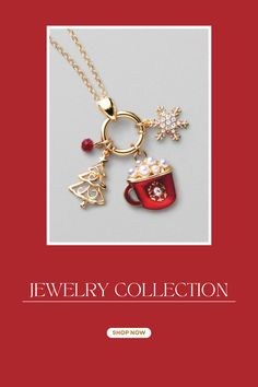 Charm necklace with Christmas tree, snowflake and coffee mug charms. Avon Logo, Snowflake Ball, Necklace With Charms, Avon Perfume Bottles, Red Cup, Avon Perfume, Holiday Necklace