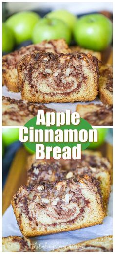 apple cinnamon bread is cut in half and stacked on top of each other with the title above it