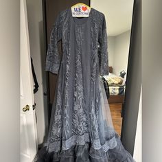 Brand New 3 Piece Gown With Ruffles - Never Worn. Size Small But With Plenty Of Margin To Be Made Into A Medium. Ruffles Can Be Removed As Well. Embroidery And Sequin Work On Both Gown And Dupatta. Fitted Ruffle Gown For Festive Occasions, Long Sleeve Ruffled Wedding Set, Gray Long Sleeve Wedding Set, Gray Gown, Gown With Ruffles, Grey Gown, Work On, 3 Piece, Ruffles