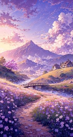 a painting of a beautiful landscape with mountains and flowers in the foreground, along with a wooden bridge over a stream