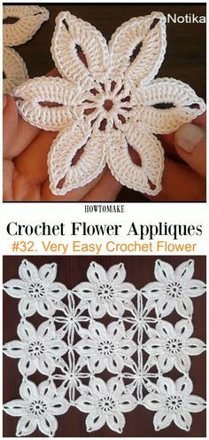 crochet flower appliques are shown in three different pictures