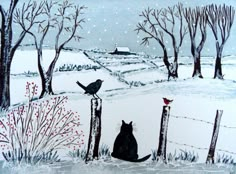 a painting of a cat sitting in the snow with a bird on it's back