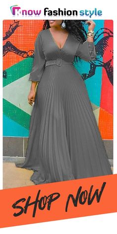 Grey Fashion Casual Solid Patchwork V Neck Long Sleeve Dresses Spring Prom Dresses, Pleated Dress Long, High Waist Maxi Dress, Long Sleeve Chiffon Dress, Plus Size Party Dresses, Womens Prom Dresses, Dress Chiffon, Maxi Robes, Vestidos Vintage