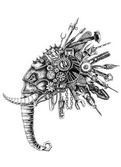 a drawing of an elephant's head with many different things on it and some scissors