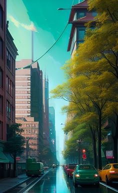 a city street filled with lots of traffic next to tall buildings and green trees on both sides