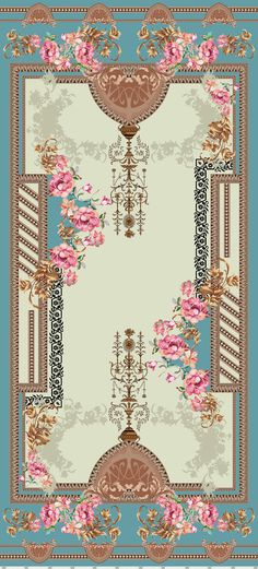 a rug with pink flowers on it and an ornate border in the middle, along with a blue background