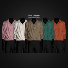 four male mannequins wearing polo sweaters in different colors