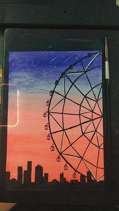 a painting of a ferris wheel in front of a cityscape at sunset or dawn