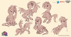 an animation character poses with different hair styles and facial expressions, including the headless pony