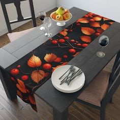 the table is set with two plates and silverware on it, next to a bowl of fruit