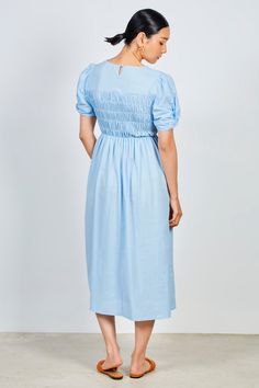 - Fit: True to size- Materials: 50% cotton, 50% polyester- Thickness: Moderate- Sheerness: None- Stretch: None- Lining: None- Care: Gentle wash cold and dry in shade London Free, Puff Sleeve Dress, Ruched Bodice, Puffed Sleeves Dress, Buy Now Pay Later, London Blue, Sleeve Dress, Puff Sleeve, Bodice