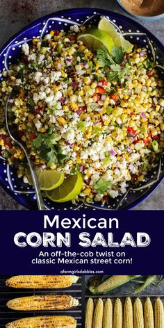 mexican corn salad with limes and cilantro in a blue bowl next to grilled corn on the cob