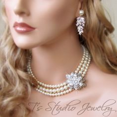 Pearl Bridal Necklace - from T's Studio Jewelry - http://tstudiojewelry.com Bridal Cuff Bracelet, Multi Strand Pearl Necklace, Bridal Cuff, Bridal Earrings Chandelier, Crystal Wedding Jewelry, Blue Statement Necklace, Studio Jewelry, Wedding Bride Jewelry, Bridal Pearl Necklace