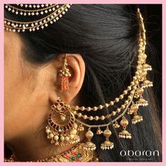 Nethi Chutti Brides Antique, Ear Chains Indian Gold Bridal, Ear Chain Hairstyle, Gold Ear Cuff Earrings Indian, Bugdi Earring Design, Bugdi Earrings Gold, Jhumka With Ear Chain Hairstyle, Koppu Earring, Earcuffs Earrings Indian