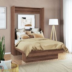 Need to turn your guest room into a home office? The Easy Lift Full Natural Brown Wood Grain Murphy Wall Bed is the perfect solution so you can have both! The compact design allows you to easily stow away your full size guest bed by folding it against the wall whenever you need the floor space. It is easily secured with the steel lock pins when in the upright position. No need to deal with the hassle of removing the sheets, comforter and mattress just use the strap to hold everything in place wh Bed With Shelf, Murphy Wall Bed, Full Murphy Bed, Loft Style Apartments, Office Transformation, Loft Style Apartment, Murphy Wall Beds, Queen Murphy Bed, Laminated Mdf