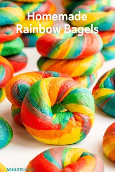 homemade rainbow bagels with text overlay