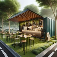 an artist's rendering of a food truck with tables and chairs in the grass