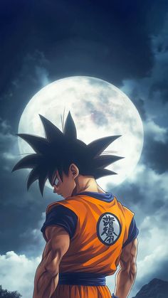 the dragon ball character is standing in front of a full moon