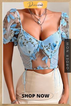 Sexy Butterfly Embroidered Draw String Mesh V Neck Low Waist T-shirts Floral Embroidered Corset Top, Blue Bustier Top Outfits, Bustiers Outfits, Cute Corset Tops, Butterfly Clothing, Bustier Outfit, Garden Princess, Cropped Corset, Butterfly Applique