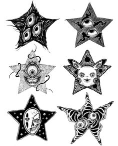 six star tattoos with different designs on them