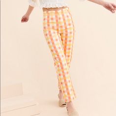 Free People She’s All That Plaid High Waist Crop Pants, New With Tags, Size 4 With A Fun Orange, Coral, Yellow, White Plaid Pattern. Let Me Know If You Have Any Questions! :) Orange Straight Leg Summer Bottoms, Orange Straight Leg Bottoms For Summer, Trendy Fitted Bottoms For Brunch, Chic Yellow Bottoms With Elastic Waistband, Chic Yellow Pants With Elastic Waistband, Yellow Straight Leg Bottoms With Elastic Waistband, Yellow Pants With Elastic Waistband, Non-stretch Yellow Cotton Pants, Yellow Straight Pants With Elastic Waistband