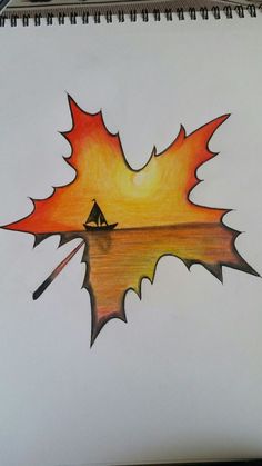 a drawing of a leaf with a boat on it