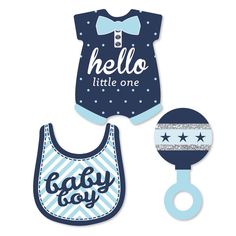 Hello Little One - Blue and Silver Shaped Cut Outs INCLUDES 24 blue and silver shape cut outs - Great for bringing all your DIY baby shower ideas to life! DIY PARTY SUPPLIES: Hello Little One - Blue and Silver shaped cut outs include 24 paper die cuts in three different hello little one shapes that coordinate with the Hello Little One - Blue and Silver party theme. Set of 24 baby shapes SIZE 8 Bodysuit paper die cuts (2" X 2.75"), 8 Rattle paper die cuts (2" X 2"), 8 Bib paper die cuts (2.5" X 2 Moldes Para Baby Shower, Boy Party Decorations, 70s Outfit, Baby Boy Shower Party, Outfit Hiking, Baby Shower Crafts, Diy Party Supplies, Diy Bebe, Baby Shawer