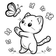 a cartoon cat with butterflies flying around it's back and its paws in the air