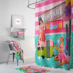 a pink and green shower curtain with an image of a woman on the back of a bus