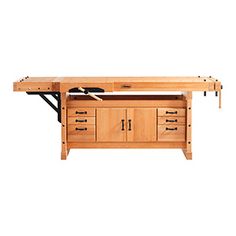 a wooden workbench with drawers and tools on the top, against a white background