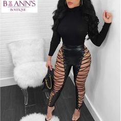 These super sexy faux leather pants feature a little bit of (not) leather and a lot of lace-up, with a flat pull-up front and a zippered back side. These pants pair perfectly with a body suit or cropped top so be sure to visit our Tops and Bodysuits collection so you are ready to rock this look for your next night on the town. Made with a polyester, spandex and faux leather blend and comes in 3 fabulous colors from which to choose. Lace Up Leather Pants, Bandage Leggings, Estilo Hipster, Leather Pants Outfit, Party Pants, Turtleneck Top, Ribbed Turtleneck, Pencil Pants, Faux Leather Pants