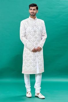 Shop for RNG Safawala Off White Raw Silk Sequin Embroidered Sherwani Set for Men Online at Aza Fashions Raw Silk Embroidery, White Churidar, Embroidered Sherwani, Sequin Embroidery, Pattern Embroidery, Sequins Embroidery, Silk Embroidery, Churidar, Full Sleeves