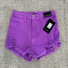 Brand New High Waisted Denim Shorts Size Medium Trendy Purple Denim Bottoms, Stretch Ripped Bottoms For Summer, Spring Purple Denim Bottoms, Purple High Waisted Shorts For Spring, High Waist Purple Shorts For Spring, Purple High Waist Shorts For Spring, Summer Purple Cotton Jeans, High Rise Purple Cotton Bottoms, Purple High Rise Cotton Bottoms