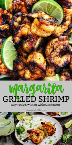 grilled shrimp with lime wedges and cilantro garnish on the side