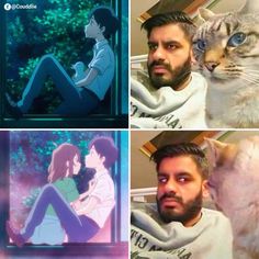 four different pictures of people with cats in them