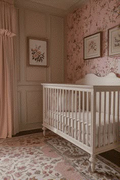 a white crib in a pink room with floral wallpaper