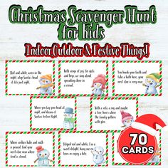 a christmas scavenger hunt for kids with snowmen and santa's hats