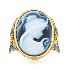 Cameo Italiano - Italian Blue Agate Cameo Ring, Blue Enamel Over Sterling. Size 6. Boasting artisanal charm, this Italian-made cameo ring presents a 20x15mm oval blue agate carved with the ethereal image of a young woman in a dreamy scene. Finely crafted in polished 18kt yellow gold over sterling silver with blue enamel butterflies decorating the sides of the shank. 7/8" wide. Blue enamel and blue agate cameo ring. Italian Blue, Cameo Ring, Natural Gold, Sterling Jewelry, Enamel Ring, Ring Blue, Agate Ring, Blue Agate, Agate Stone