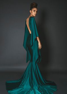 Plunging kimono gown with open back. Luxury Backless Gown For Evening, Green Evening Dress With Back Opening, Elegant Evening Mermaid Dress With Back Opening, Elegant Mermaid Dress With Back Opening For Evening, Backless Mermaid Dress For Evening, Low Back Gown With Back Opening For Evening, Elegant Mermaid Dress With Back Opening For Gala, Elegant Backless Green Evening Dress, Elegant Green Backless Evening Dress