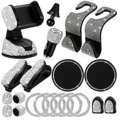 an assortment of black and white accessories