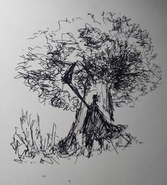 a black and white drawing of a tree