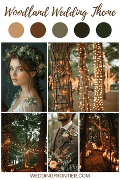 a collage of wedding photos with lights and greenery in the background, including trees